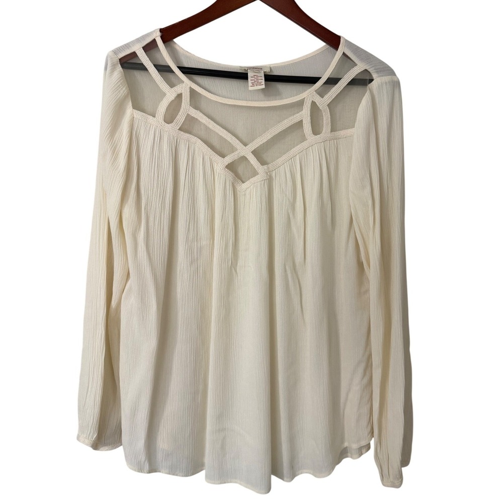 Sundance Womens Medium Cream Rayon Gauze Long Sleeve Mesh Lace Inset Blouse